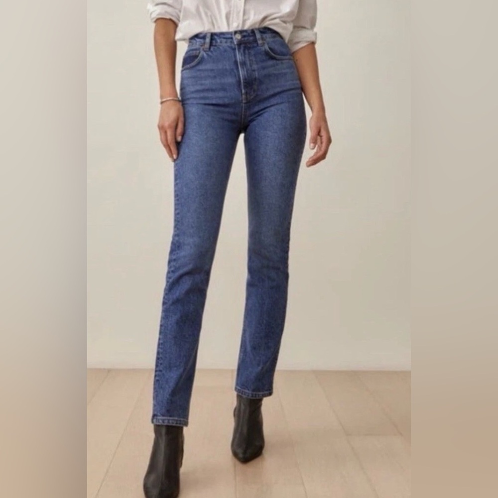 Reformation Lisa High Rise Straight Leg Jeans Women’s 30 Zip Up Organic Blue